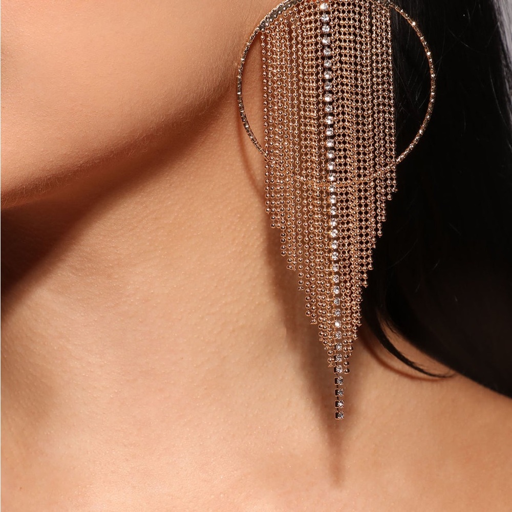 Fashion Nova Gold Rhinestone Fringe Statement Earrings